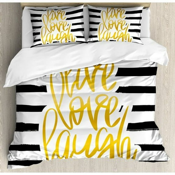 Ambesonne Live Laugh Love Romantic Poster Design with Hand Drawn Stripes and Calligraphy Duvet Cover Set