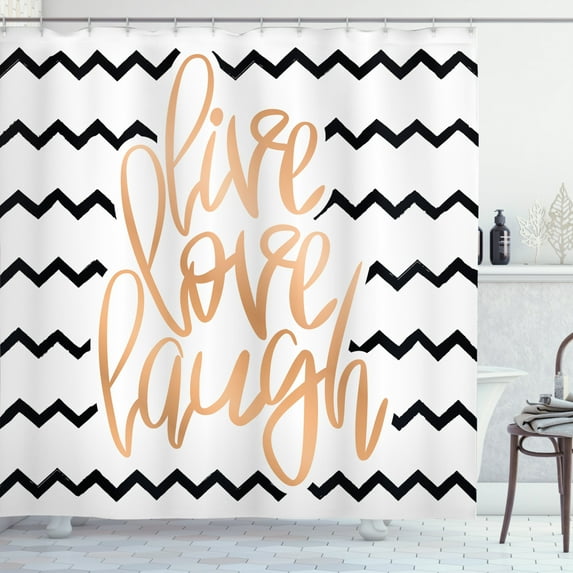 Ambesonne Live Laugh Love Shower Curtain, Chevron Art, 69"Wx84"L, Black White and Peach
