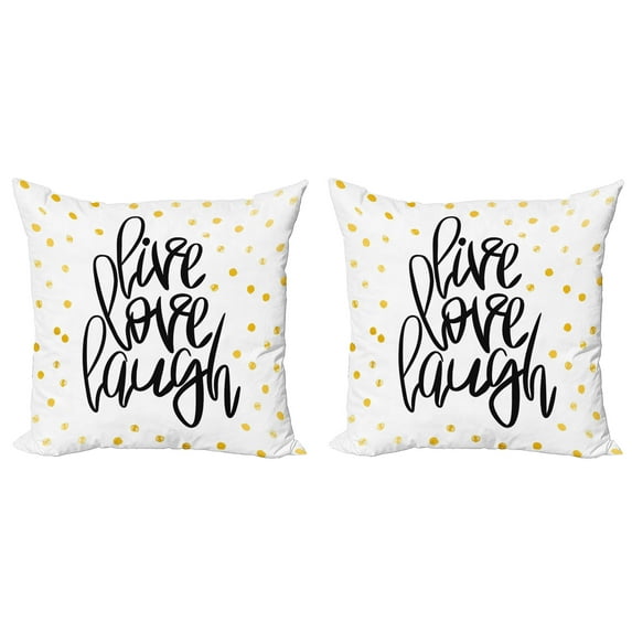 Ambesonne Live Laugh Love Throw Pillow Cover 2 Pack, Phrase Dots, 16", Black White Yellow