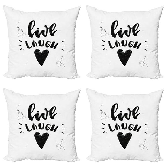 Ambesonne Live Laugh Love Throw Pillow Cover 4 Pack, Retro Message, 20", Black White