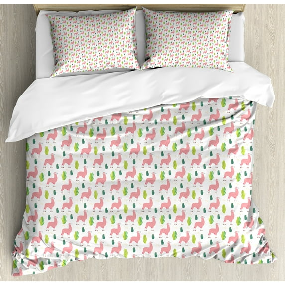 Ambesonne Llama Duvet Cover Set, Desert Animals and Cactus, 2-Calking, White Pink Lime Green