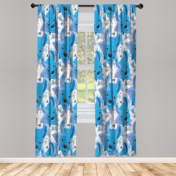 Ambesonne Llama Emoji Curtains, Triangles Animal Faces, Pair of 28"x95", Deep Sky Blue White