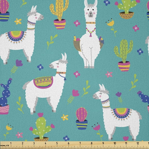 Ambesonne Llama Fabric by the Yard Microfiber, Mexican Camels Cactus Plants, 2 Yards, Turquoise White and Magenta