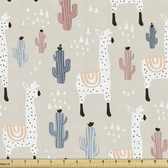 Ambesonne Llama Fabric by the Yard Upholstery, Cactus Animal, 2 Yards, Multicolor