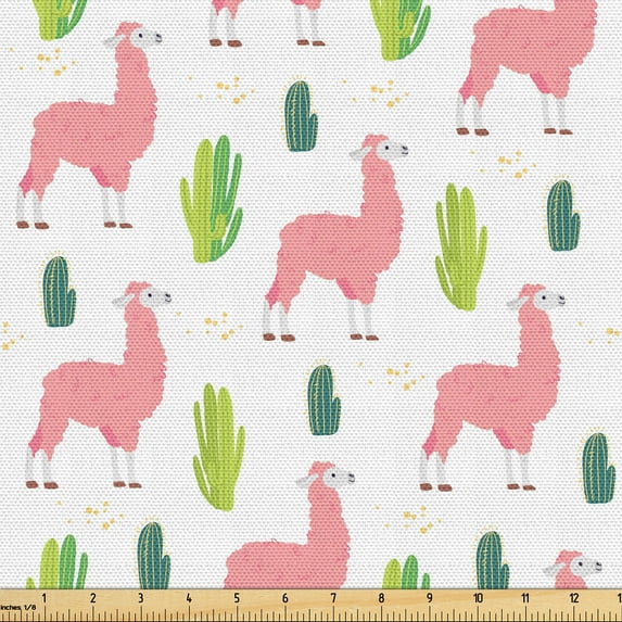 Ambesonne Llama Fabric by the Yard Upholstery, Desert Animals and Cactus, 3 Yards, White Pink Lime Green