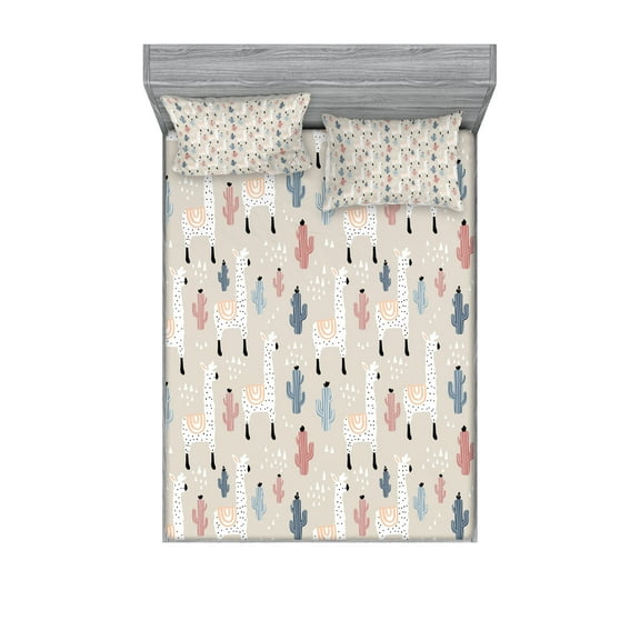 Ambesonne Llama Fitted Sheet & Pillow Sham Set, Cactus Animal, Queen, Multicolor
