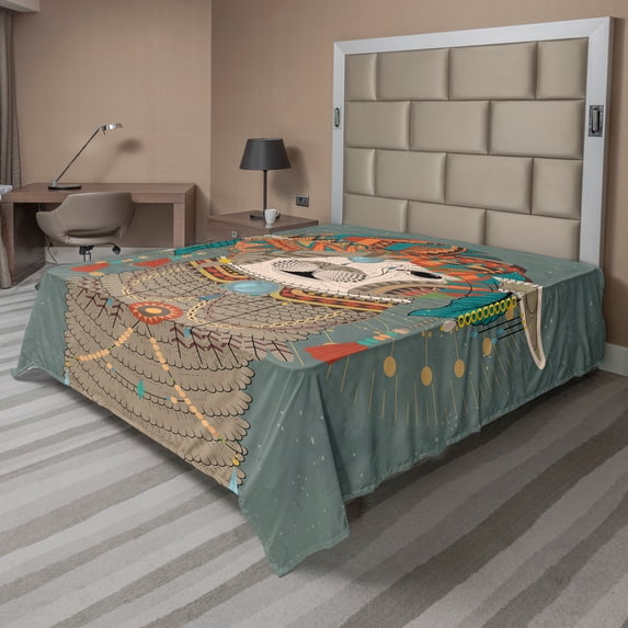 Ambesonne Llama Flat Sheet, Oriental Design Alpaca Print, California King, Multicolor