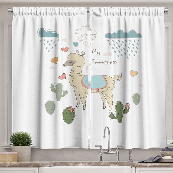 Ambesonne Llama Kitchen Curtains, Cartoon Alpaca Animal Cactus, 55"x39", Multicolor