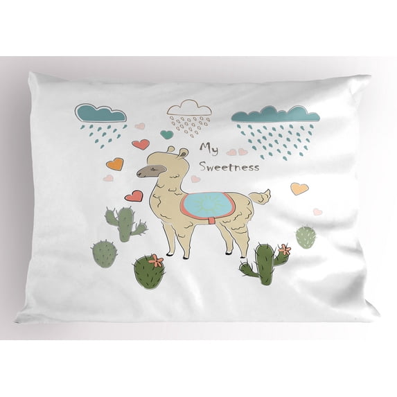 Ambesonne Llama Pillow Sham, Cartoon Alpaca Animal Cactus, 26" X 20", Multicolor