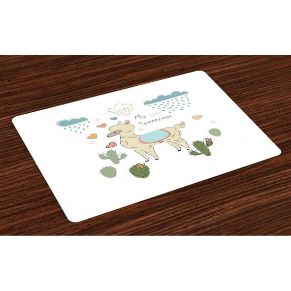 Ambesonne Llama Place Mats Set of 4, Cartoon Alpaca Animal Cactus, Standard Size, Multicolor