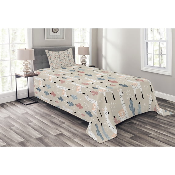Ambesonne Llama Quilted Bedspread Set 2 Pcs, Cactus Animal, Twin Size, Multicolor