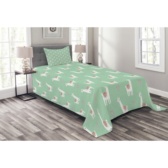 Ambesonne Llama Quilted Bedspread Set 2 Pcs, Candy Cane Hearts, Twin Size, Mint Green Multicolor