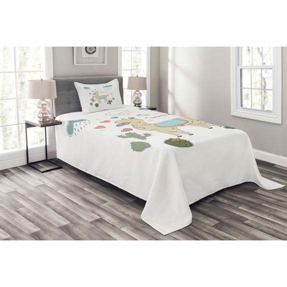 Ambesonne Llama Quilted Bedspread Set 2 Pcs, Cartoon Alpaca Animal Cactus, Twin Size, Multicolor