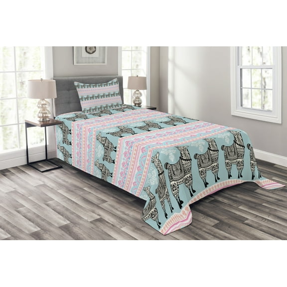 Ambesonne Llama Quilted Bedspread Set 2 Pcs, Patterned Alpaca, Twin Size, Multicolor
