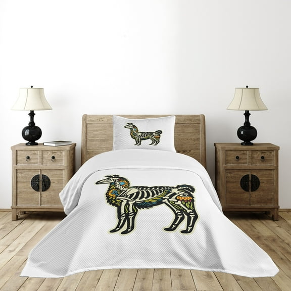 Ambesonne Llama Quilted Bedspread Set 2 Pcs, Sugar Skull Style Alpaca, Twin Size, Multicolor