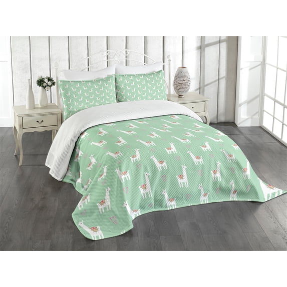 Ambesonne Llama Quilted Bedspread Set 3 Pcs, Candy Cane Hearts, Queen Size, Mint Green Multicolor