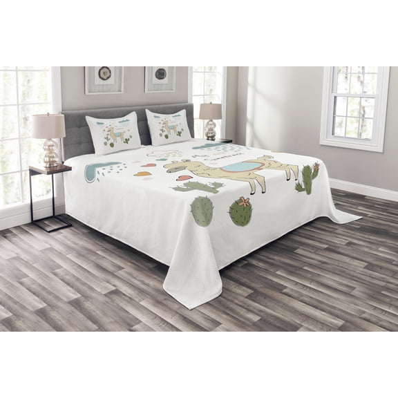 Ambesonne Llama Quilted Bedspread Set 3 Pcs, Cartoon Alpaca Animal Cactus, King Size, Multicolor