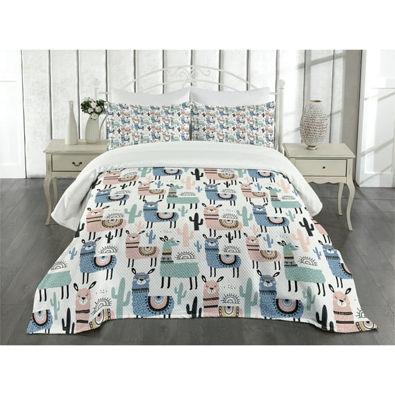 Ambesonne Llama Quilted Bedspread Set 3 Pcs, Cartoon Design, Queen Size, Multicolor