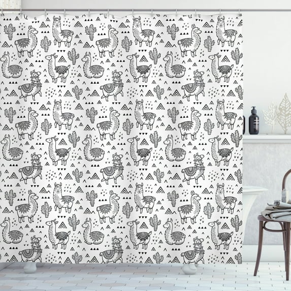 Ambesonne Llama Shower Curtain, Doodle Alpaca Design, 69"Wx70"L, White Charcoal Grey