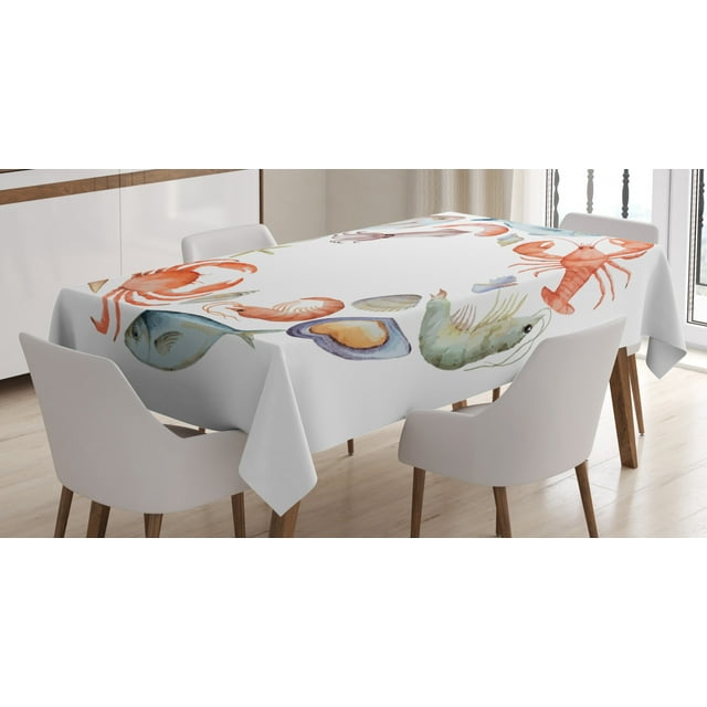 Ambesonne Lobster Tablecloth Rectangular Table Cover, Aquarelle Tasty Seafood, 52"x70", Multicolor
