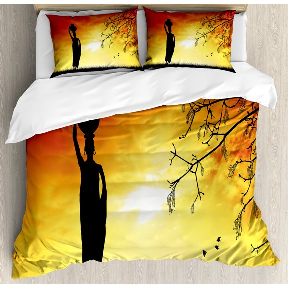 Ambesonne Local Duvet Cover Sets, Lady in Sunset Savannah Art, 2-King, Orange Black