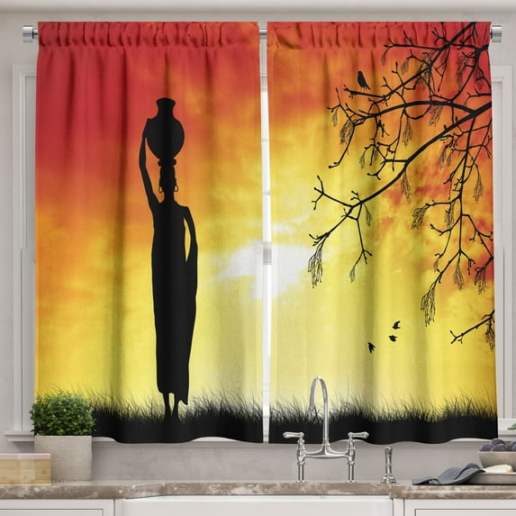 Ambesonne Local Kitchen Curtains, Lady in Sunset Savannah Art, 55"x45", Orange Black