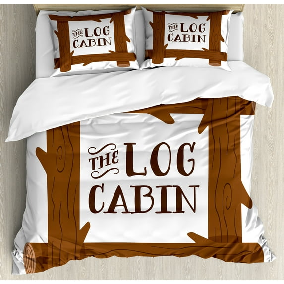 Ambesonne Log Cabin Duvet Cover Sets, Wooden Square Frame Art, 2-King, White Pale Redwood