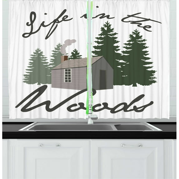 Ambesonne Log Cabin Kitchen Curtains, Rustic Lodge in Forest, 55"x45", White Emerald Grey Teal