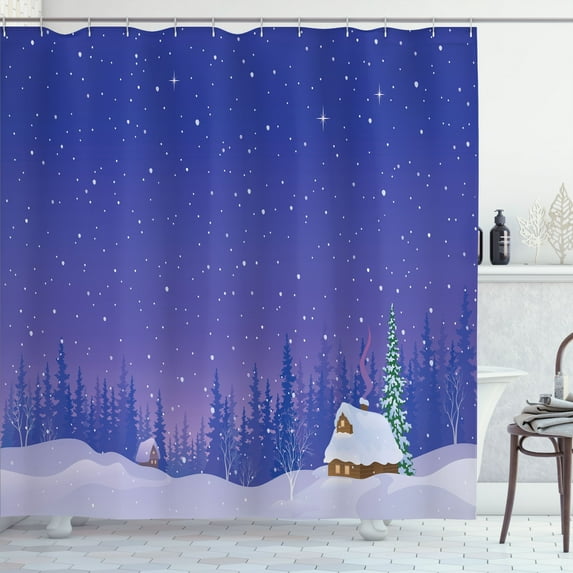 Ambesonne Log Cabin Shower Curtain, Houses in Snowy Night, 69"Wx70"L, Violet and Pastel Purple