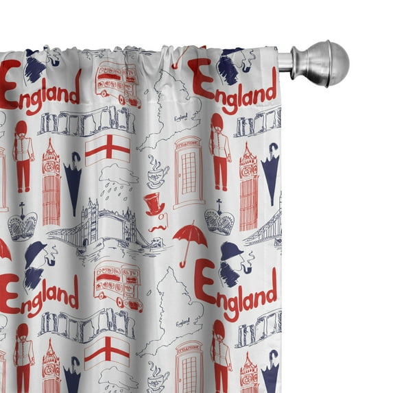 Ambesonne London Curtains, British Culture Sketch, Pair of 28"x95", Vermilion Dark Blue