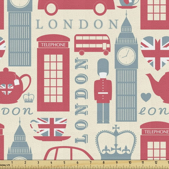 Ambesonne London Fabric by the Yard Upholstery, Popular British Culture, 3 Yards, Dark Coral Bluegrey