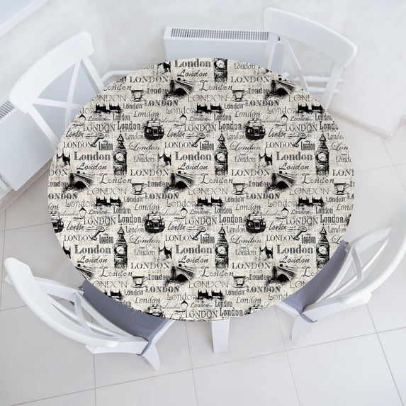 Ambesonne London Fitted Round Tablecloth, Vintage Lettering Big Ben, 40"- 44" Diameter, Eggshell Charcoal Grey