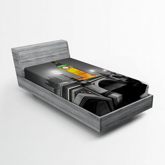 Ambesonne London Fitted Sheet, Big Ben Bridge Night, Twin Size, Grey Yellow