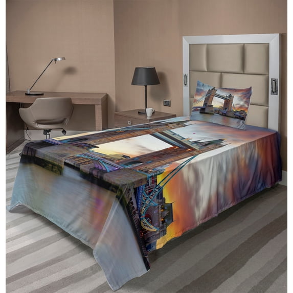 Ambesonne London Fitted & Top Sheet Set with Sham, Historical Tower Bridge, Multicolor
