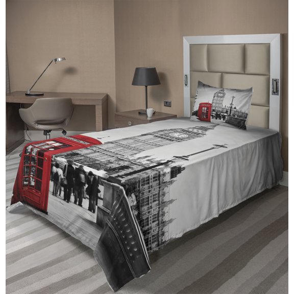 Ambesonne London Fitted & Top Sheet Set with Sham, Telephone Booth Big Ben, Red Grey