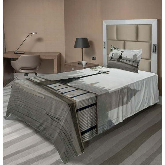 Ambesonne London Fitted & Top Sheet Set with Sham, Westminster Tower Bridge, Multicolor