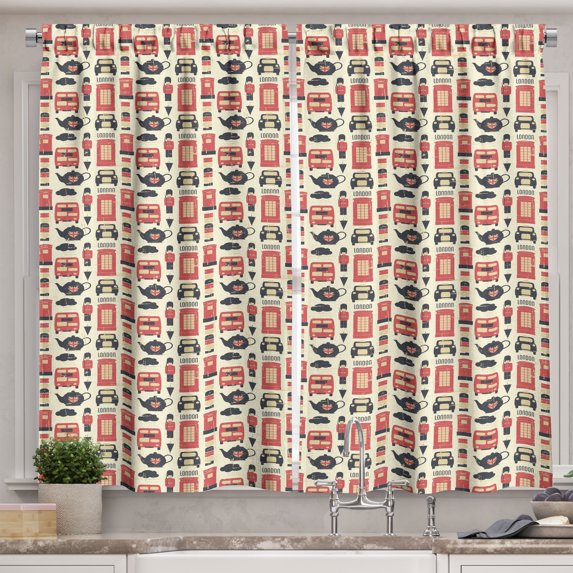 Ambesonne London Kitchen Curtains, Grunge Vintage Graphic, 55"x39", Vermilion Cream Black