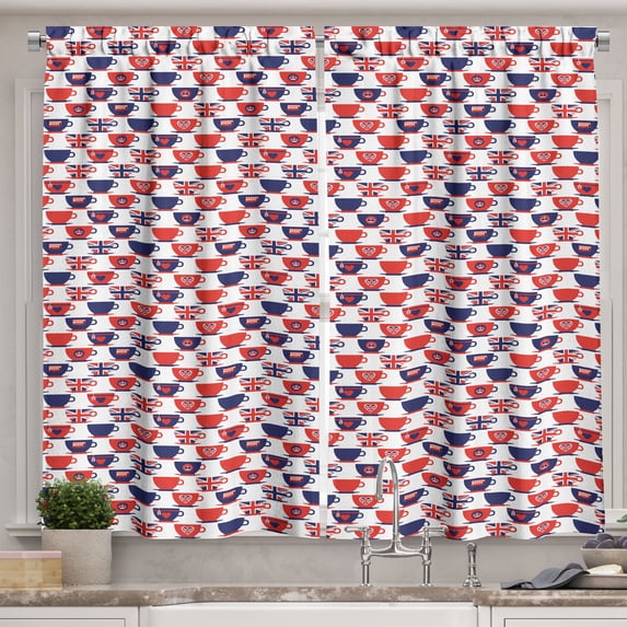 Ambesonne London Kitchen Curtains, Tea Party Flag Cups, 55"x39", Vermilion Navy Blue