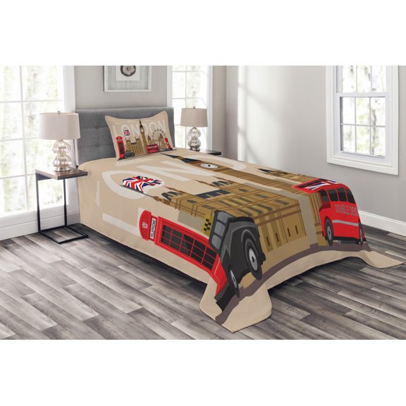 Ambesonne London Quilted Bedspread Set 2 Pcs, Britain Landmarks, Twin Size, Multicolor