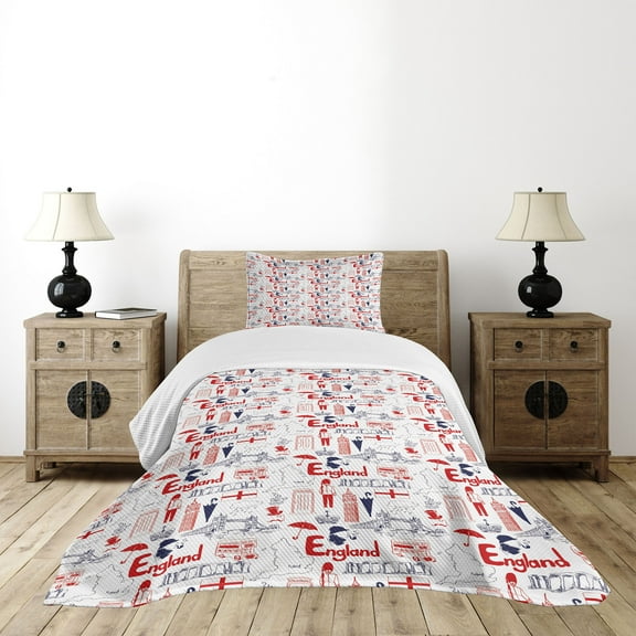 Ambesonne London Quilted Bedspread Set 2 Pcs, British Culture Sketch, Twin Size, Vermilion Dark Blue