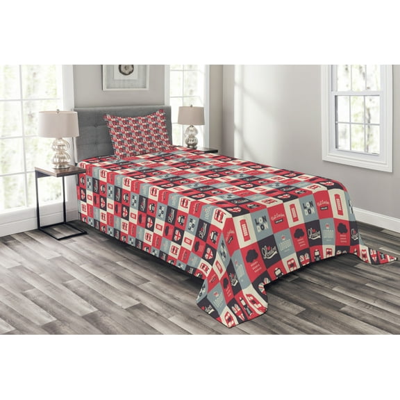 Ambesonne London Quilted Bedspread Set 2 Pcs, Retro UK Europe Travel, Twin Size, Multicolor