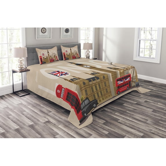 Ambesonne London Quilted Bedspread Set 3 Pcs, Britain Landmarks, King Size, Multicolor