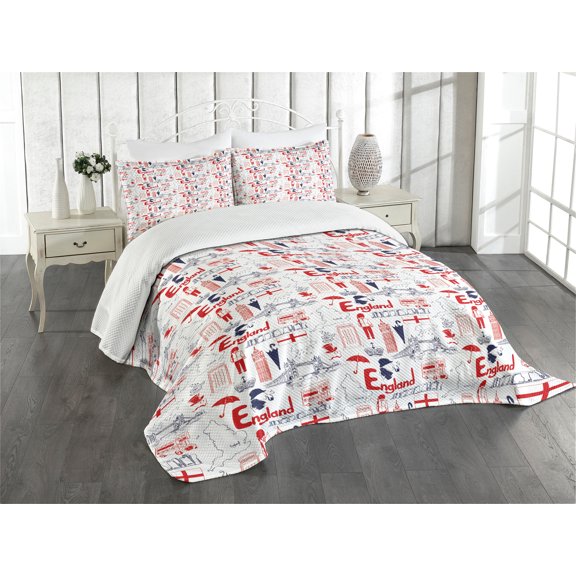 Ambesonne London Quilted Bedspread Set 3 Pcs, British Culture Sketch, King Size, Vermilion Dark Blue