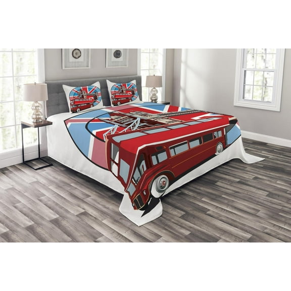 Ambesonne London Quilted Bedspread Set 3 Pcs, British Metropol City, Queen Size, Multicolor