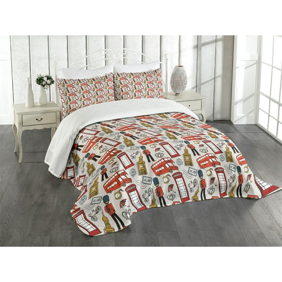 Ambesonne London Quilted Bedspread Set 3 Pcs, Doodle English, King Size, Multicolor