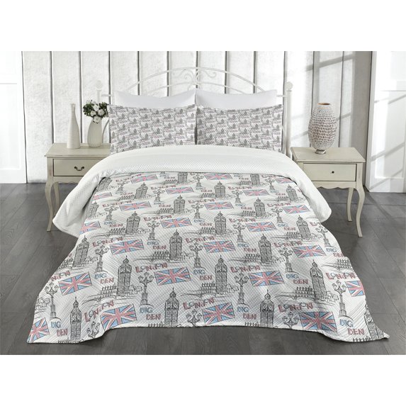 Ambesonne London Quilted Bedspread Set 3 Pcs, Famous Big Ben Sketchy, Queen Size, Multicolor