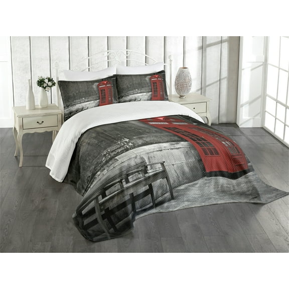 Ambesonne London Quilted Bedspread Set 3 Pcs, Famous City Landmark, King Size, Red Grey