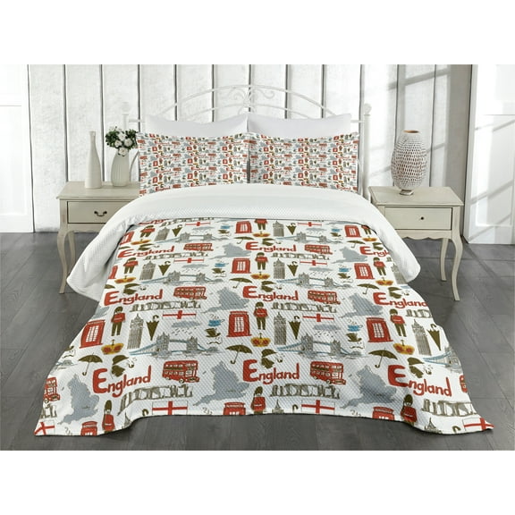 Ambesonne London Quilted Bedspread Set 3 Pcs, Fun Colorful Sketch, Queen Size, Multicolor