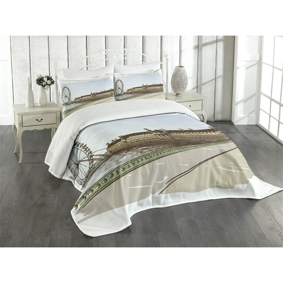 Ambesonne London Quilted Bedspread Set 3 Pcs, Historic England Building, King Size, Multicolor