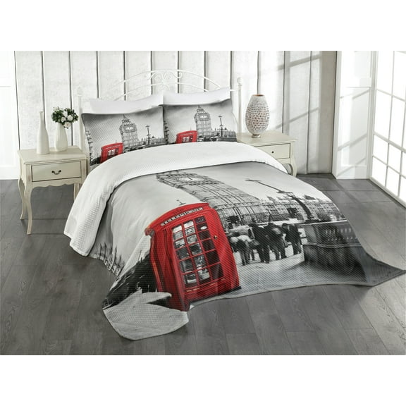 Ambesonne London Quilted Bedspread Set 3 Pcs, Telephone Booth Big Ben, Queen Size, Red Grey